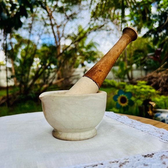 Rustic small antique apothecary style marble wood Pestle and mortar
